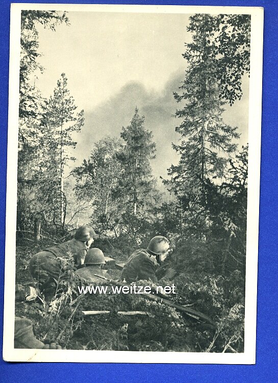 Waffen-SS - Propaganda-Postkarte - " Kampf der SS-Gebirgsdivision ' Nord ' in Karelien " - Finnische Jäger im Angriff