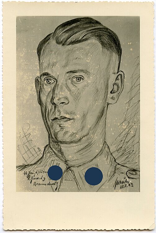 Fotografie einer Portraitzeichnung des Waffen SS Hauptsturmführers "R.Qwosdz"