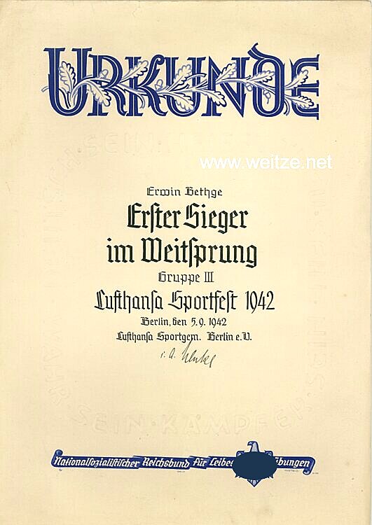 III. Reich - Lufthansa Sportgemeinschaft Berlin e.V. - Urkunde zum Lufthansa Sportfest 1942