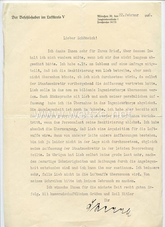 Luftwaffe - Originalunterschrift des Ritterkreuzträgers General der Flieger Hugo Sperrle auf einem Schreiben