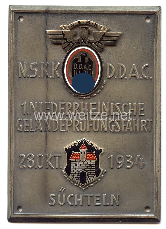 NSKK / DDAC - nichttragbare Teilnehmerplakette - " 1. Niederrheinische Geländeprüfungsfahrt 28. Okt. 1934 Süchteln "