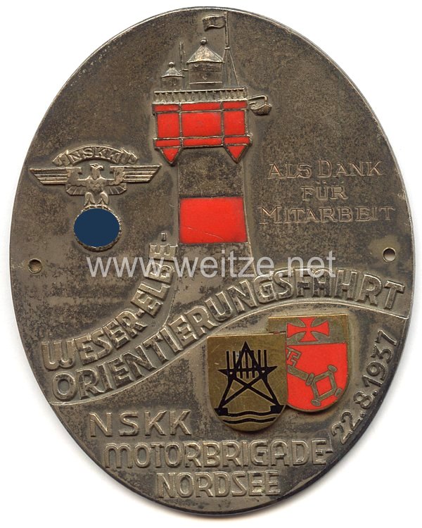 NSKK - nichttragbare Teilnehmerplakette - " Weser-Elbe Orientierungsfahrt NSKK Motorbrigade Nordsee 22.8.1937 - Als Dank für Mitarbeit "
