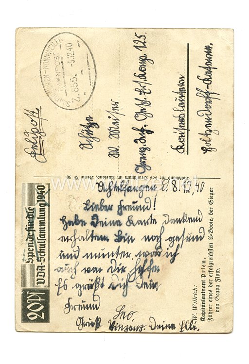 Kriegsmarine - Willrich farbige Propaganda-Postkarte - Ritterkreuzträger Kapitänleutnant Günther Prien Bild 2