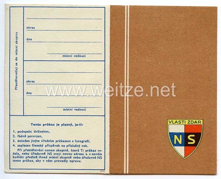 III. Reich - Tschecheslowakei - Narodni Sourucenstvi ( NS ) - Mitgliedsausweis für eine Frau