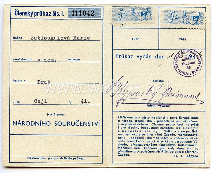 III. Reich - Tschecheslowakei - Narodni Sourucenstvi ( NS ) - Mitgliedsausweis für eine Frau Bild 2