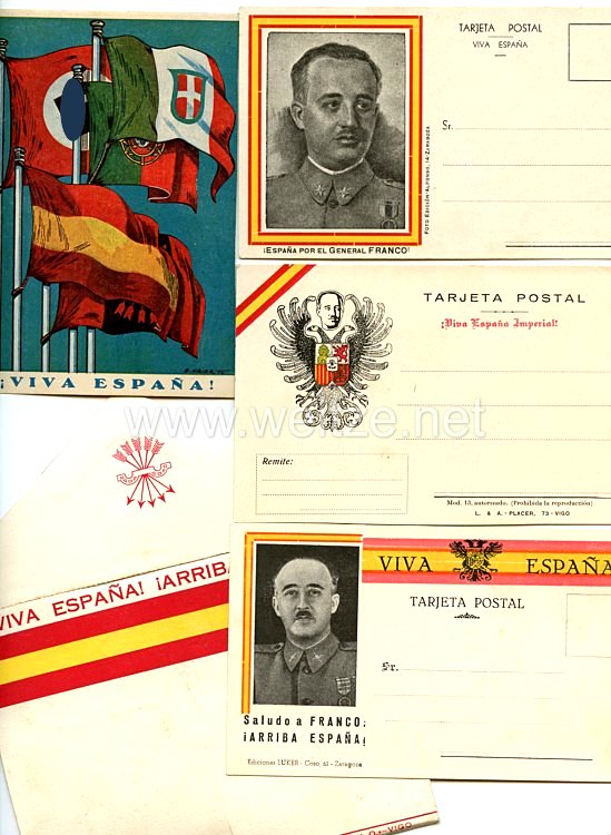 Spanien - farbige Propaganda Postkarten im Umschlag " Viva Espana Arriba Espana "