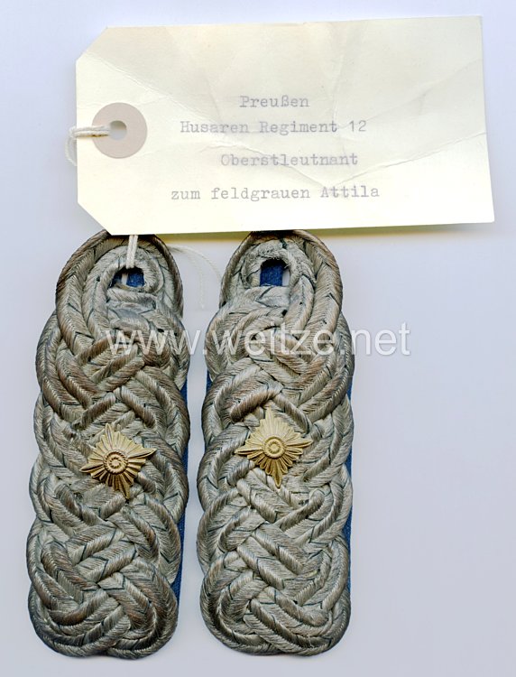 Preußen 1. Weltkrieg Paar Schulterstücke für einen Oberstleutnant zur feldgrauen Attila im Thüringischen Husaren-Regiment Nr. 12