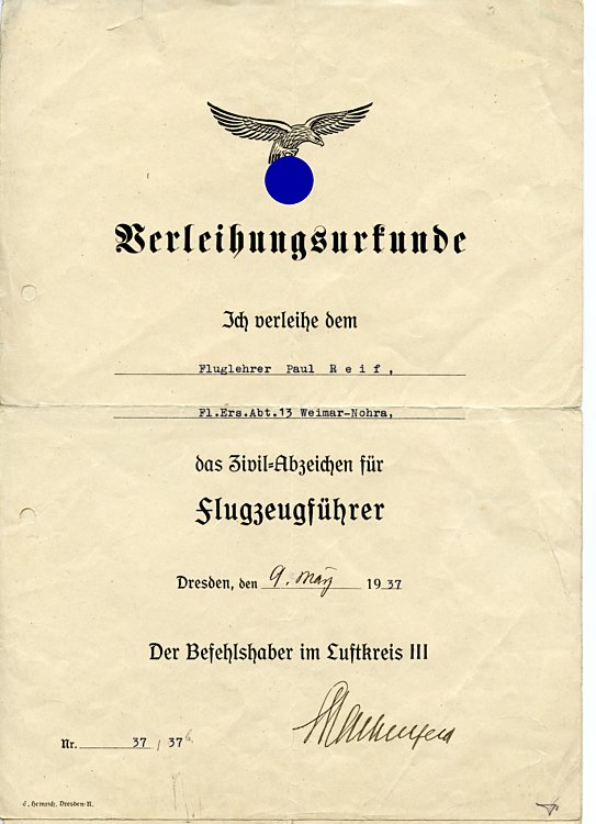 Luftwaffe - Urkundenpaar für einen Inhaber des Zivil-Abzeichens für Flugzeugführer Bild 2