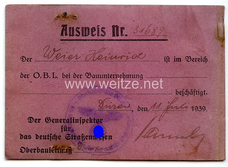 III. Reich - Der Generalinspektor für das deutsche Straßenwesen - Ausweis