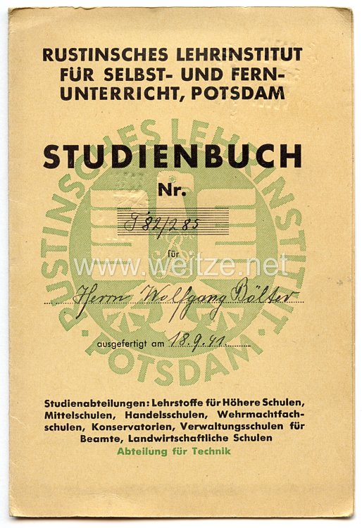 III. Reich - Rustinisches Lehrinstitut für Selbst- und Fernunterricht Potsdam - Studienbuch