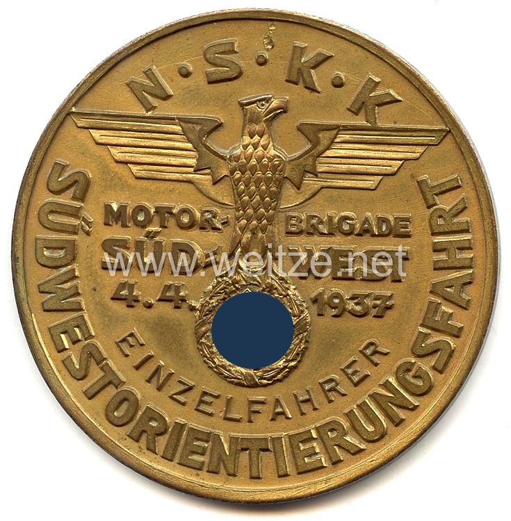 NSKK - nichttragbare Teilnehmerplakette - " Motorbrigade Südwest - Südwest-Orientierungsfahrt 4.4.1937 - Einzelfahrer "