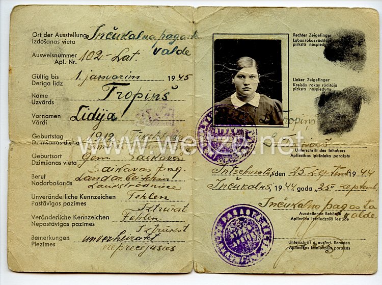 III. Reich / Reichskommissariat Ostland - Personenausweis für einen Frau des Jahrgangs 1912 Bild 2
