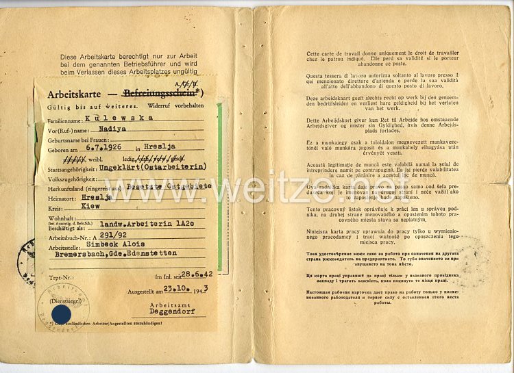 III. Reich - Arbeitskarte für ausländische Arbeitskräfte aus den besetzten Ostgebieten Bild 2