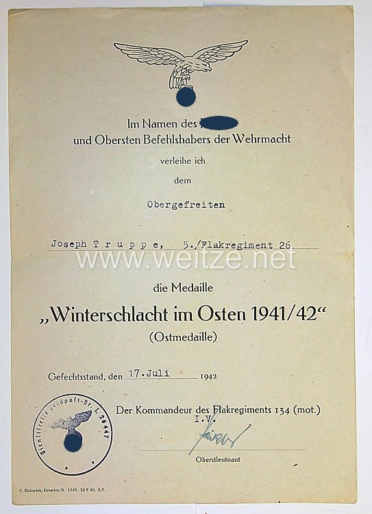 Luftwaffe - Urkundengruppe 5./Flakregiment 26 Bild 2