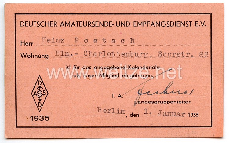 III. Reich - Deutscher Amateursende- und Empfangsdienst e.V. - Mitgliedskarte