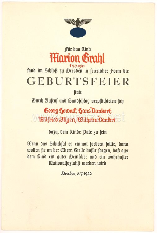III. Reich - Schmuckblatt zur Patenschaft eines Kindes des Jahrgangs 1941