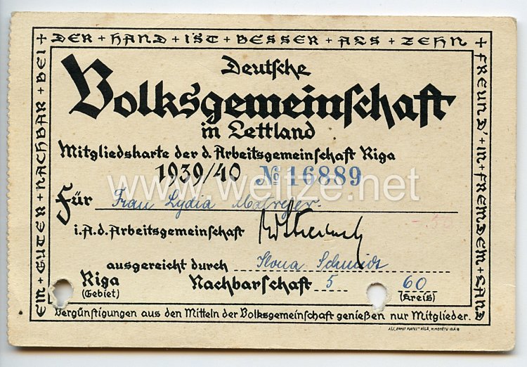 Deutsche Volksgemeinschaft in Lettland - Mitgliedskarte der Arbeitsgemeinschaft Riga 1939/40