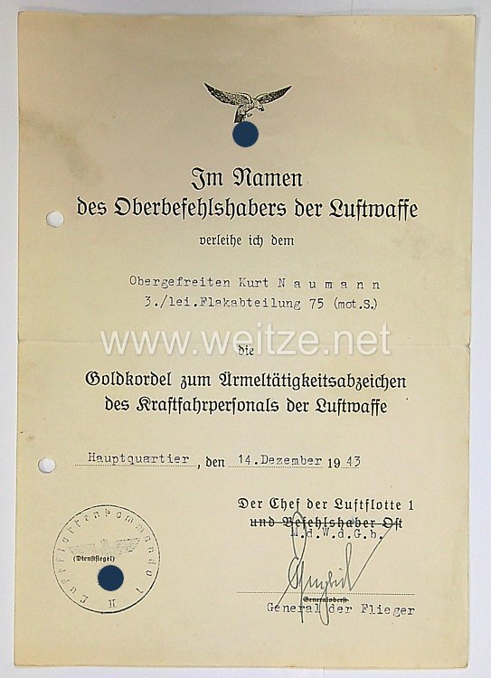 Luftwaffe - Urkundengruppe für einen Kanonier, später Obergefreiter  3./leichte Flakabteilung 75 Bild 2