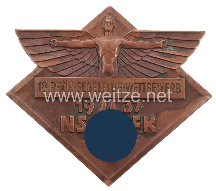 NSFK - nichttragbare Teilnehmerplakette " Nationalsozialistisches Fliegerkorps - 18. Rhön-Segelflug-Wettbewerb 1937 "