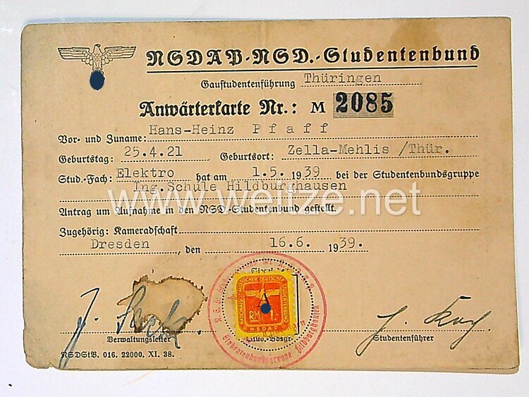 HJ - NSDAP-NSD-Studentenbund, Anwärterkarte