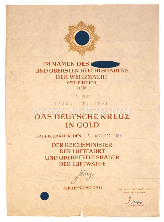 Luftwaffe - große Verleihungsurkunde für das Deutsches Kreuz in Gold für der Ritterkreuzträger Hauptmann Georg Fanderl, Kampfgeschwader 51 "Edelweiss"