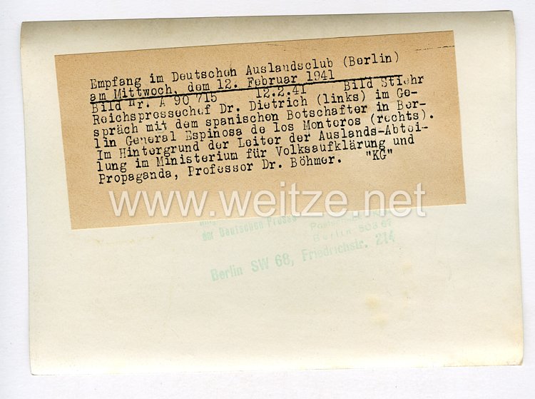 III. Reich Pressefoto. Empfang im Deutschen Auslandsclub. Berlin. 12.2.1941. Bild 2