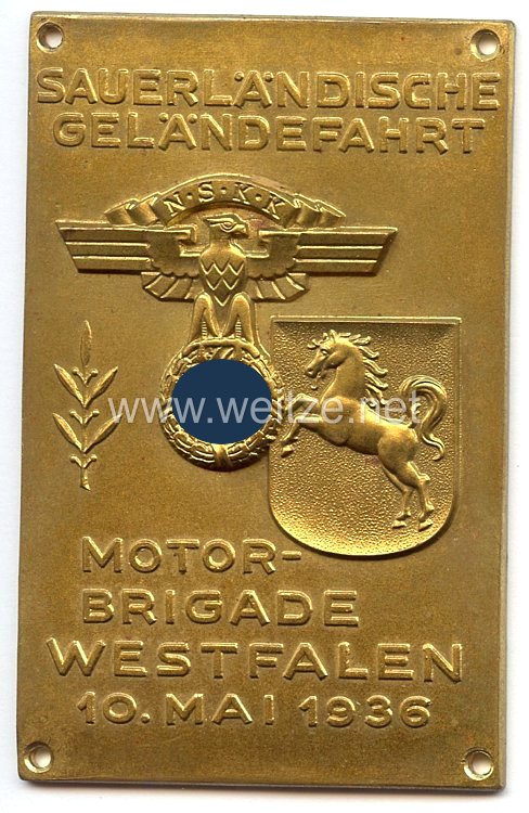 NSKK - nichttragbare Teilnehmerplakette - " Motor-Brigade Westfalen - Sauerländische Geländefahrt 10. Mai 1936 "
