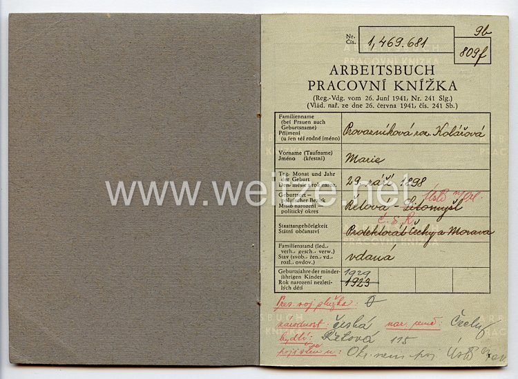 III. Reich - Protektorat Böhmen und Mähren - Arbeitsbuch für eine Frau des Jahrgangs 1898 Bild 2
