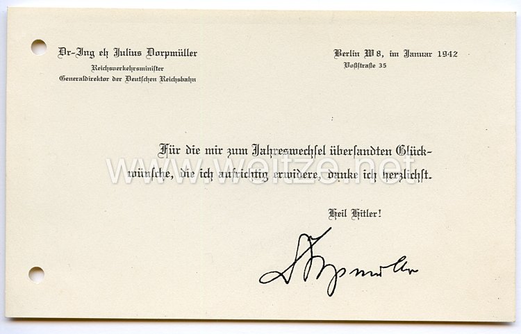 III. Reich - Reichsverkehrsminister Generaldirektor der Deutschen Reichsbahn Dr.-Ing.eh Julius Dorpmüller - Glückwunschkarte zum neuen Jahr
