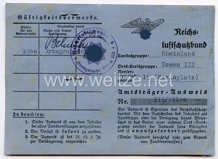 Reichsluftschutzbund Landesgruppe Rheinland Essen III - Amtsträger-Ausweis / Hamburg