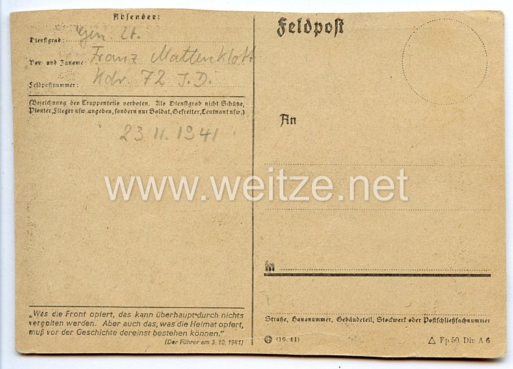 Heer - Originalunterschrift von Ritterkreuzträger General der Infanterie Franz Mattenklott Bild 2
