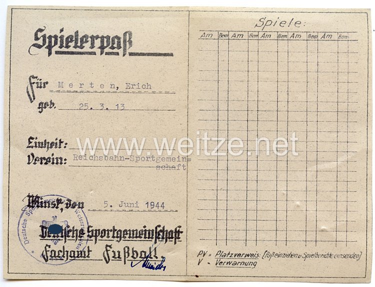 III. Reich / Weißrussland - Deutsche Sportgemeinschaft Minsk - Spielerpaß für einen Mann des Jahrgangs 1913