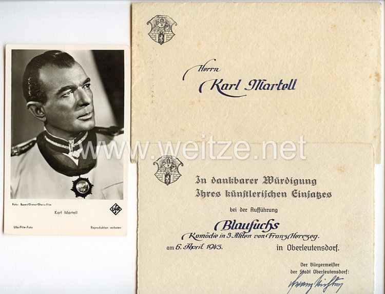 III. Reich - Der Bürgermeister der Stadt Oberleutensdorf - Dankeskarte für den Schauspieler Karl Martell