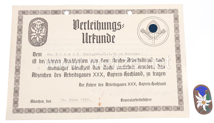 RAD Traditionsabzeichen des Arbeitsgau XXX - Bayern-Hochland ( Ostmark ) mit Verleihungsurkunde