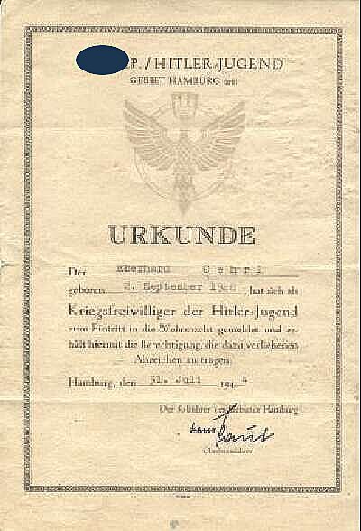 HJ - Urkunde zum Eintritt eines Kriegsfreiwilligen des Jahrgangs 1928 der Hitler-Jugend