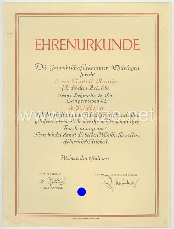 III. Reich - Gauwirtschaftskammer Thüringen - Ehrenurkunde