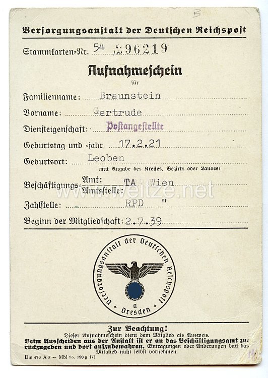 III. Reich - Versorgungsanstalt der Deutschen Reichspost Dresden - Aufnahmeschein