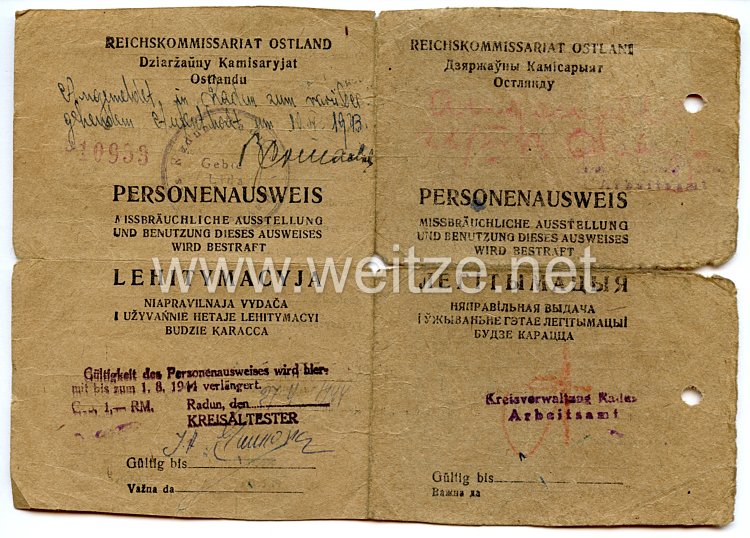 III. Reich / Reichskommissariat Ostland - Personenausweis für einen Mann des Jahrgangs 1916