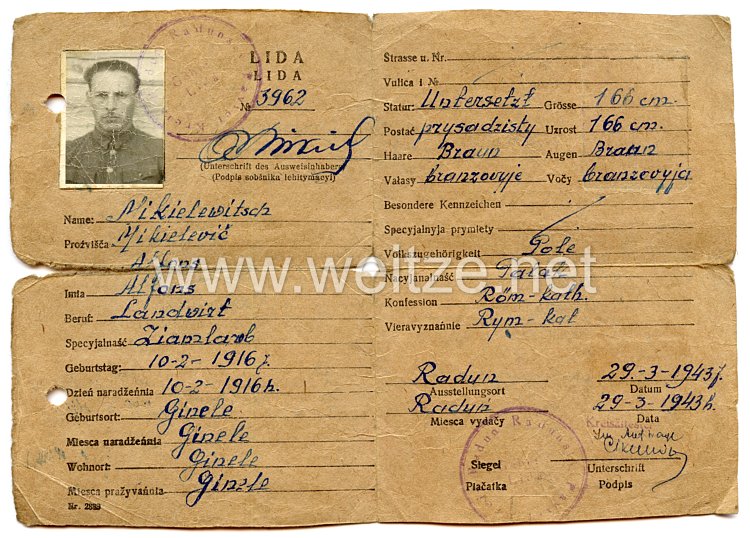 III. Reich / Reichskommissariat Ostland - Personenausweis für einen Mann des Jahrgangs 1916 Bild 2