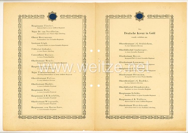 Verleihungsliste für das Deutsche Kreuz in Gold - Februar 1943