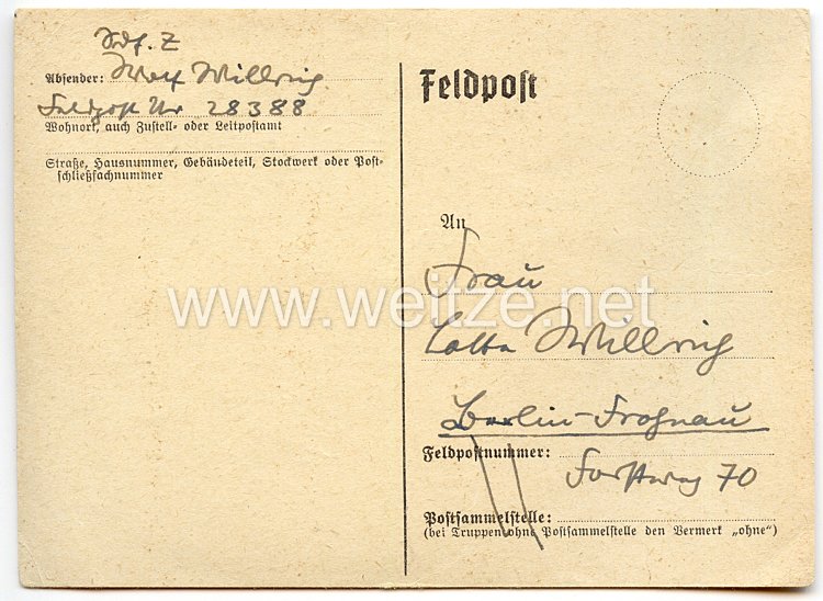 III. Reich - handschriftliche Feldpostkarte des Künstlers Wolfgang Willrich an seine Ehefrau Charlotte " Lotte " Willrich