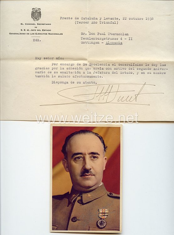 General Francisco Franco von Spanien - Postkarte mit Anschreiben