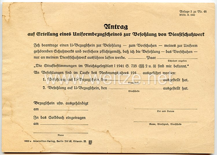 III. Reich - Antrag auf Erstellung eines Uniformbezugscheines zur Besohlung von Dienstschuhwerk