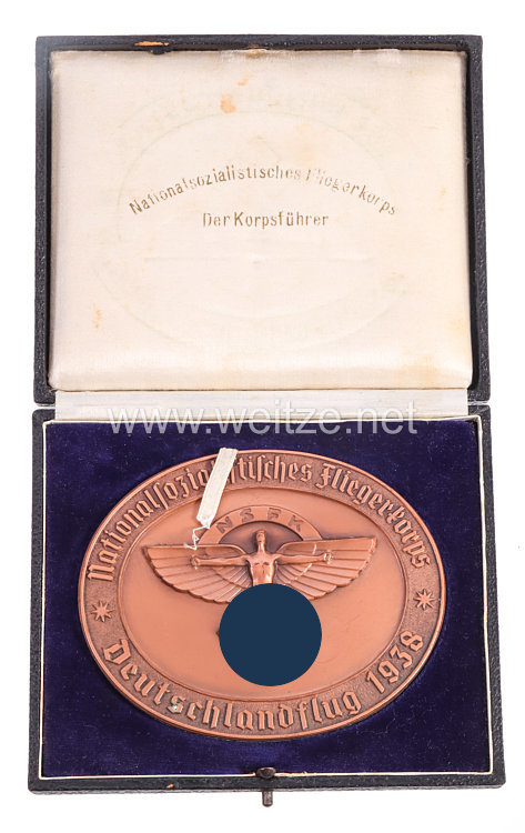 NSFK - nichttragbare Bronzene Plakette - " Nationalsozialistisches Fliegerkorps - Deutschlandflug 1938 "