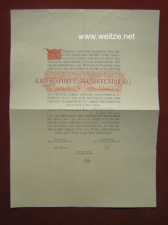 1. Weltkrieg - Schmuckblatt - " Kriegshilfe Württemberg "