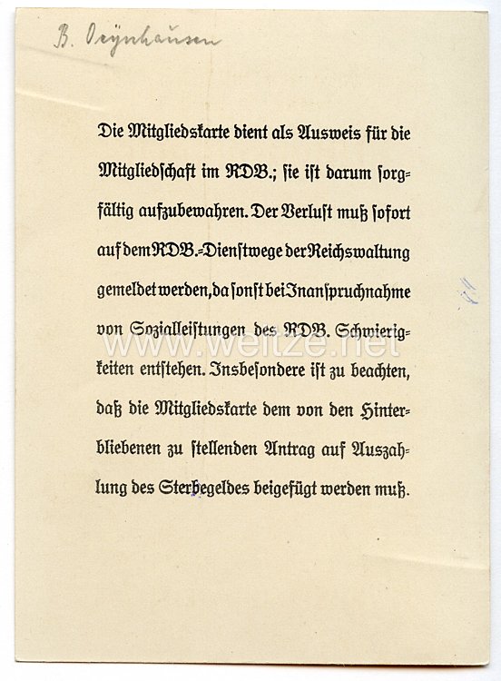 Reichsbund der Deutschen Beamten ( RDB ) e.V. Berlin - Mitgliedskarte Bild 2