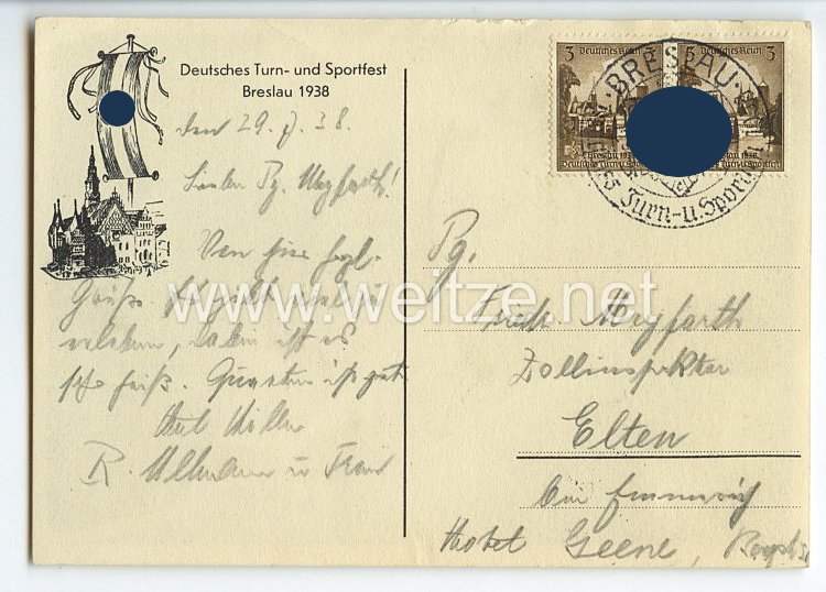 III. Reich - Propaganda-Postkarte - " Deutsches Turn- und Sportfest Breslau 1938 - 1813/1938 " Bild 2