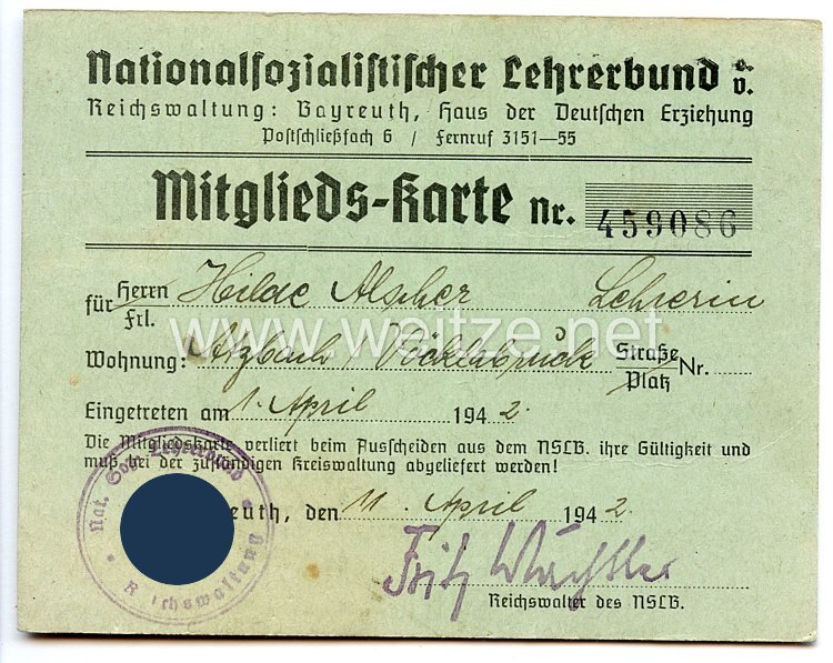 Nationalsozialistischer Lehrerbund ( NSLB ) - Mitgliedskarte