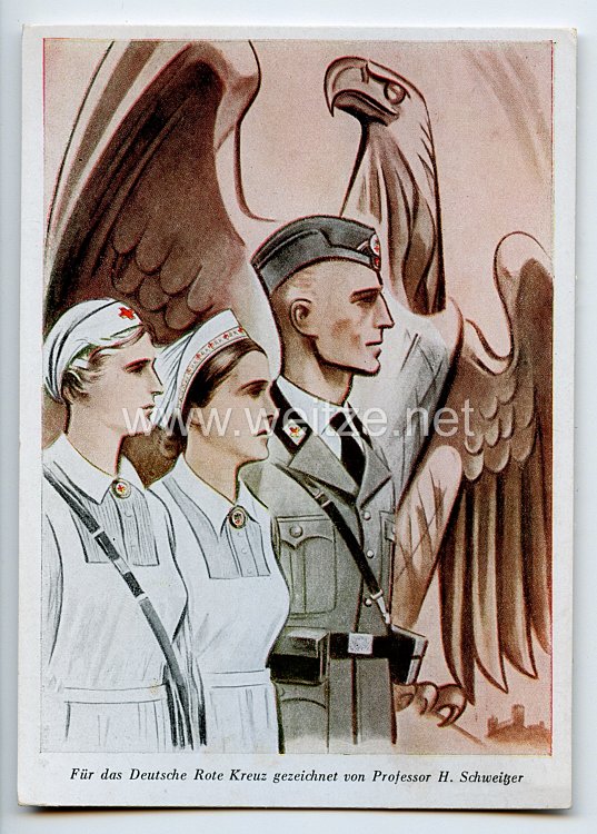 Deutsches Rotes Kreuz ( DRK ) - farbige Propaganda-Postkarte - " Für das Deutsche Rote Kreuz gezeichnet von Professor H.Schweitzer "