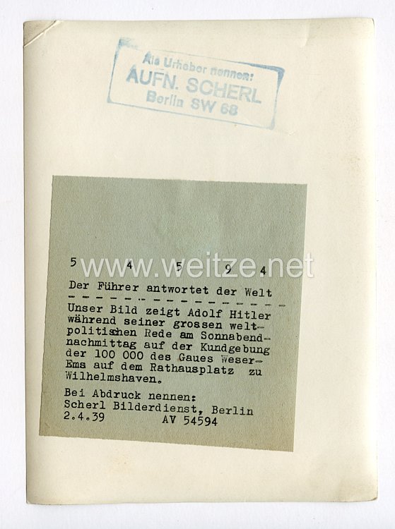 III. Reich Pressefoto. Der Führer antwortet der Welt. 2.4.1939. Bild 2